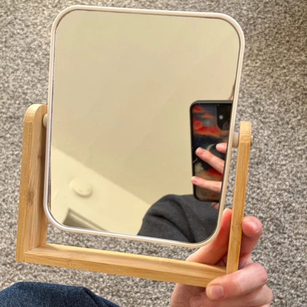 Elegant Cream Vanity Mirror with Bamboo Stand, zoom side and normal side